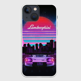 Чехол для iPhone 13 mini с принтом Lamborghini overdrive в Петрозаводске,  |  | 80х | 90х | hotlinemimai | outrun | retrowave | synth | synthwave | гонки | дискотека | драйв | ламборгини | ламборджини | неоновые | ретро | светящиеся | скорость