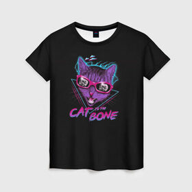Женская футболка 3D с принтом Cat To The Bone в Петрозаводске, 100% полиэфир ( синтетическое хлопкоподобное полотно) | прямой крой, круглый вырез горловины, длина до линии бедер | 80 | bone | bones | cat | cyber | game | hotline | hotlinemiami | maiami | music | outrun | retro | retrowave | skull | synth | synthwave | игра | кибер | кот | кошка | ретро | череп