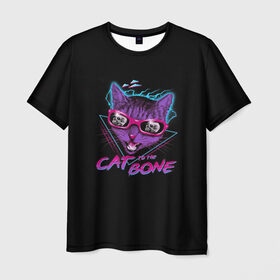 Мужская футболка 3D с принтом Cat To The Bone в Петрозаводске, 100% полиэфир | прямой крой, круглый вырез горловины, длина до линии бедер | Тематика изображения на принте: 80 | bone | bones | cat | cyber | game | hotline | hotlinemiami | maiami | music | outrun | retro | retrowave | skull | synth | synthwave | игра | кибер | кот | кошка | ретро | череп