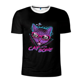 Мужская футболка 3D спортивная с принтом Cat To The Bone в Петрозаводске, 100% полиэстер с улучшенными характеристиками | приталенный силуэт, круглая горловина, широкие плечи, сужается к линии бедра | 80 | bone | bones | cat | cyber | game | hotline | hotlinemiami | maiami | music | outrun | retro | retrowave | skull | synth | synthwave | игра | кибер | кот | кошка | ретро | череп