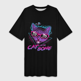 Платье-футболка 3D с принтом Cat To The Bone в Петрозаводске,  |  | 80 | bone | bones | cat | cyber | game | hotline | hotlinemiami | maiami | music | outrun | retro | retrowave | skull | synth | synthwave | игра | кибер | кот | кошка | ретро | череп