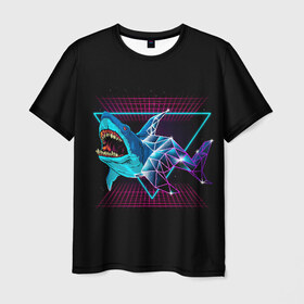 Мужская футболка 3D с принтом Shark в Петрозаводске, 100% полиэфир | прямой крой, круглый вырез горловины, длина до линии бедер | 80 | cyber | dark | game | hotline | hotlinemiami | maiami | moon | music | outrun | retro | retrowave | shark | synth | synthwave | акула | игра | кибер | луна | море | ночь | океан | ретро