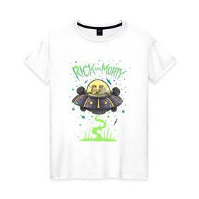 Женская футболка хлопок с принтом Rick and Morty on a spaceship в Петрозаводске, 100% хлопок | прямой крой, круглый вырез горловины, длина до линии бедер, слегка спущенное плечо | spaceship | vdgerir | космический корабль | нло | тарелка