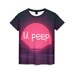 Женская футболка 3D с принтом lil peep(Logo) в Петрозаводске, 100% полиэфир ( синтетическое хлопкоподобное полотно) | прямой крой, круглый вырез горловины, длина до линии бедер | cry baby | lil peep | logo | rap | заход солнца | знаменитости. эмо | известный исполнитель | неон | пип | редактируемое лого | реп | розоватый оттенок | рок | рэп | яркий фон