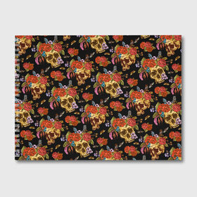 Альбом для рисования с принтом Skulls and Roses в Петрозаводске, 100% бумага
 | матовая бумага, плотность 200 мг. | flowers | halloween | rose | skull | tattoo | жуки | насекомые | роза | тату | татуировка | хеллоуин | хэллоуин | цветок | цветы | череп