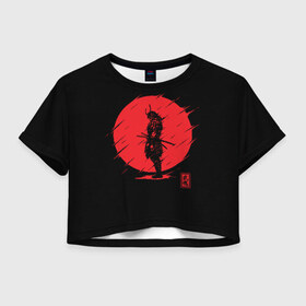 Женская футболка Cropp-top с принтом Samurai в Петрозаводске, 100% полиэстер | круглая горловина, длина футболки до линии талии, рукава с отворотами | ahegao | anime | blood | japan | samurai | senpai | warior | аниме | ахегао | воин | катана | кровавая | кровавый | кровь | луна | самураи | самурай | семпай | сенпай | солнце | япония