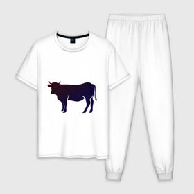 Мужская пижама хлопок с принтом Корова(темно-синий неон) в Петрозаводске, 100% хлопок | брюки и футболка прямого кроя, без карманов, на брюках мягкая резинка на поясе и по низу штанин
 | animals | neon | животные | звери | корова | коровка | коровы | неон | прикольная картинка