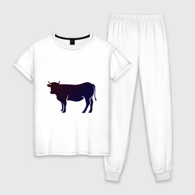 Женская пижама хлопок с принтом Корова(темно-синий неон) в Петрозаводске, 100% хлопок | брюки и футболка прямого кроя, без карманов, на брюках мягкая резинка на поясе и по низу штанин | animals | neon | животные | звери | корова | коровка | коровы | неон | прикольная картинка