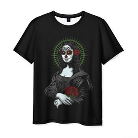 Мужская футболка 3D с принтом Mona Lisa - Santa Muerte в Петрозаводске, 100% полиэфир | прямой крой, круглый вырез горловины, длина до линии бедер | dead | death | lisa | mona | muerte | muertos | santa | день | искуство | картина | лиза | мона | муэрте | муэртес | муэртос | роза | розы | санта | тату | татуировка | цветы | череп