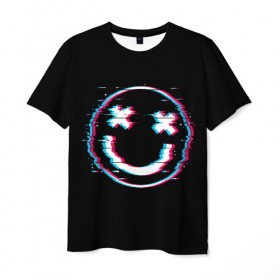 Мужская футболка 3D с принтом Glitch Smile в Петрозаводске, 100% полиэфир | прямой крой, круглый вырез горловины, длина до линии бедер | art | glitch | smile | арт | глитч | глич | картинка | картинки | мода | прикольная | прикольные | смайл | смайли | смайлик | тренд | тренды