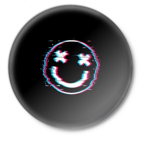 Значок с принтом Glitch Smile в Петрозаводске,  металл | круглая форма, металлическая застежка в виде булавки | art | glitch | smile | арт | глитч | глич | картинка | картинки | мода | прикольная | прикольные | смайл | смайли | смайлик | тренд | тренды