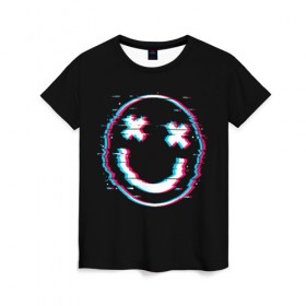 Женская футболка 3D с принтом Glitch Smile в Петрозаводске, 100% полиэфир ( синтетическое хлопкоподобное полотно) | прямой крой, круглый вырез горловины, длина до линии бедер | art | glitch | smile | арт | глитч | глич | картинка | картинки | мода | прикольная | прикольные | смайл | смайли | смайлик | тренд | тренды