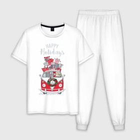 Мужская пижама хлопок с принтом Happy holiday в Петрозаводске, 100% хлопок | брюки и футболка прямого кроя, без карманов, на брюках мягкая резинка на поясе и по низу штанин
 | 
