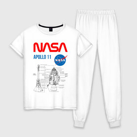 Женская пижама хлопок с принтом Nasa Apollo 11 (двухсторонняя) в Петрозаводске, 100% хлопок | брюки и футболка прямого кроя, без карманов, на брюках мягкая резинка на поясе и по низу штанин | apollo 11 | apolo 11 | apolon 11 | аполлон 11 | аполон 11 | наса | насса