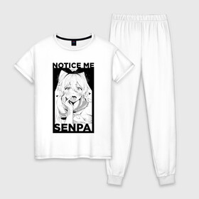Женская пижама хлопок с принтом Notice Me Senpai в Петрозаводске, 100% хлопок | брюки и футболка прямого кроя, без карманов, на брюках мягкая резинка на поясе и по низу штанин | ahegao | anime | girl | girls | hikky | kawaii | kowai | senpai | waifu | yandre | аниме | ахегао | вайфу | девушка | кавай | кун | семпай | сенпай | тян