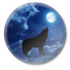 Значок с принтом WOLF в Петрозаводске,  металл | круглая форма, металлическая застежка в виде булавки | wolf | волк | луна | ночь