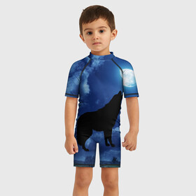 Детский купальный костюм 3D с принтом WOLF в Петрозаводске, Полиэстер 85%, Спандекс 15% | застежка на молнии на спине | wolf | волк | луна | ночь