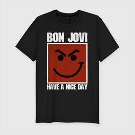 Мужская футболка хлопок Slim с принтом Bon Jovi в Петрозаводске, 92% хлопок, 8% лайкра | приталенный силуэт, круглый вырез ворота, длина до линии бедра, короткий рукав | bon jovi | john | альбом | арена | бон | бон джови | глэм | группа | джови | джон | метал | музыка | надпись | песни | поп | попрок | рок | рокер | смайл | солист | софт | стена | хард | хеви | хевиметал