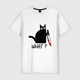 Мужская футболка премиум с принтом What cat в Петрозаводске, 92% хлопок, 8% лайкра | приталенный силуэт, круглый вырез ворота, длина до линии бедра, короткий рукав | cat | kitten | knife | what | кот | котёнок | кошка | кровь | нож | что