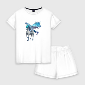 Женская пижама с шортиками хлопок с принтом Пегас в Петрозаводске, 100% хлопок | футболка прямого кроя, шорты свободные с широкой мягкой резинкой | крылья | лошадь | пегас | рисунок | существо