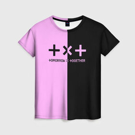 Женская футболка 3D с принтом TOMORROW X TOGETHER в Петрозаводске, 100% полиэфир ( синтетическое хлопкоподобное полотно) | прямой крой, круглый вырез горловины, длина до линии бедер | big hit | bts | twice | txt