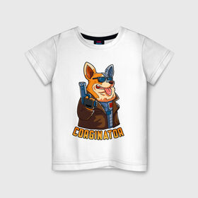 Детская футболка хлопок с принтом Corginator в Петрозаводске, 100% хлопок | круглый вырез горловины, полуприлегающий силуэт, длина до линии бедер | вельш корги | корги | мульт | пародия | пес | с пистолетом | собака | терминатор | юмор