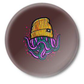 Значок с принтом Octopus(Lil Peep, GBC) в Петрозаводске,  металл | круглая форма, металлическая застежка в виде булавки | gbc | lil | peep | rap | rock | бордовый | желтый | зеленый | исполнитель | картинка | надпись на спине | осьминог | редактируемый дизайн | рок | рэп | рэпер | сочный цвет | фиолетовый