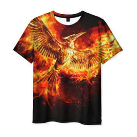 Мужская футболка 3D с принтом Феникс в огне в Петрозаводске, 100% полиэфир | прямой крой, круглый вырез горловины, длина до линии бедер | fire | flame | phoenix | крылья | огонь | перья | пламя | птица | феникс