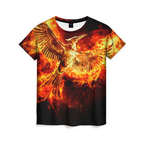 Женская футболка 3D с принтом Феникс в огне в Петрозаводске, 100% полиэфир ( синтетическое хлопкоподобное полотно) | прямой крой, круглый вырез горловины, длина до линии бедер | fire | flame | phoenix | крылья | огонь | перья | пламя | птица | феникс