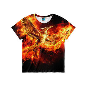 Детская футболка 3D с принтом Феникс в огне в Петрозаводске, 100% гипоаллергенный полиэфир | прямой крой, круглый вырез горловины, длина до линии бедер, чуть спущенное плечо, ткань немного тянется | fire | flame | phoenix | крылья | огонь | перья | пламя | птица | феникс