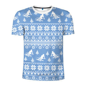 Мужская футболка 3D спортивная с принтом Вязаный свитер с лыжниками в Петрозаводске, 100% полиэстер с улучшенными характеристиками | приталенный силуэт, круглая горловина, широкие плечи, сужается к линии бедра | горы | зима | лыжи | природа | снег | спорт