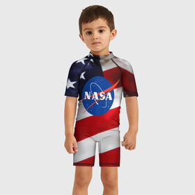 Детский купальный костюм 3D с принтом NASA USA в Петрозаводске, Полиэстер 85%, Спандекс 15% | застежка на молнии на спине | nasa | space x | spacex | usa | астронавт | астронавтика | космонавт | наса | сша
