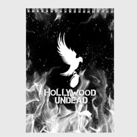 Скетчбук с принтом HOLLYWOOD UNDEAD в Петрозаводске, 100% бумага
 | 48 листов, плотность листов — 100 г/м2, плотность картонной обложки — 250 г/м2. Листы скреплены сверху удобной пружинной спиралью | Тематика изображения на принте: deuce | hollywood undead | hu | j dog | shady jeff | голливуд | голливудская нежить | даниэль мурильо | джордан террелл | джордж артур рейган | дилан альварес | мэттью сент клер | нежить