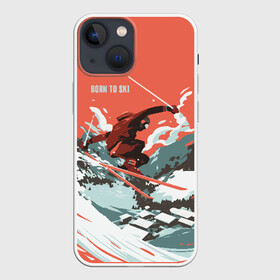 Чехол для iPhone 13 mini с принтом BORN TO SKI в Петрозаводске,  |  | Тематика изображения на принте: горы | зима | лыжи | природа | снег | спорт