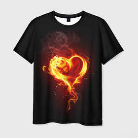 Мужская футболка 3D с принтом Огненное сердце в Петрозаводске, 100% полиэфир | прямой крой, круглый вырез горловины, длина до линии бедер | 14 февраля | heart | в подарок | горящее | день святого валентина | для влюбленных | для подарка | огненный | огонь | сердце