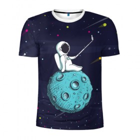 Мужская футболка 3D спортивная с принтом Сэлфи Космонавта в Петрозаводске, 100% полиэстер с улучшенными характеристиками | приталенный силуэт, круглая горловина, широкие плечи, сужается к линии бедра | galaxy | moon | вселенная | галактика | звезды | космонавт | космос | луна | месяц | сэлфи | сэлфипалка