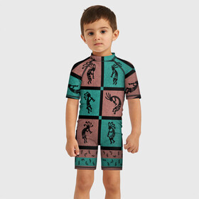 Детский купальный костюм 3D с принтом Кокопелли  в Петрозаводске, Полиэстер 85%, Спандекс 15% | застежка на молнии на спине | алтай | африка | ацтеки | божество | индейцы | кокопелли | орнамент | ритуал | узор | человечки | шаманы | этническая | этно