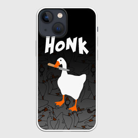 Чехол для iPhone 13 mini с принтом Untitled Goose Game в Петрозаводске,  |  | goose | goose game | honk | untitled goose game | гусь | гусь игра | злой гусь | игра про гуся | кря | отвратительный гусь