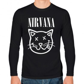 Мужской лонгслив хлопок с принтом NIRVANA в Петрозаводске, 100% хлопок |  | cat | kitty | nirvana | smile | кот | курт кобейн | нирвана | смайл