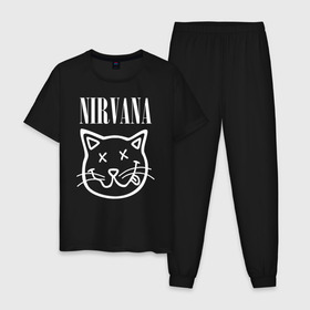 Мужская пижама хлопок с принтом NIRVANA в Петрозаводске, 100% хлопок | брюки и футболка прямого кроя, без карманов, на брюках мягкая резинка на поясе и по низу штанин
 | cat | kitty | nirvana | smile | кот | курт кобейн | нирвана | смайл