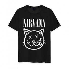 Мужская футболка хлопок с принтом NIRVANA в Петрозаводске, 100% хлопок | прямой крой, круглый вырез горловины, длина до линии бедер, слегка спущенное плечо. | cat | kitty | nirvana | smile | кот | курт кобейн | нирвана | смайл