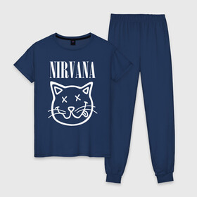 Женская пижама хлопок с принтом NIRVANA в Петрозаводске, 100% хлопок | брюки и футболка прямого кроя, без карманов, на брюках мягкая резинка на поясе и по низу штанин | cat | kitty | nirvana | smile | кот | курт кобейн | нирвана | смайл