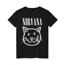 Женская футболка хлопок с принтом NIRVANA в Петрозаводске, 100% хлопок | прямой крой, круглый вырез горловины, длина до линии бедер, слегка спущенное плечо | cat | kitty | nirvana | smile | кот | курт кобейн | нирвана | смайл