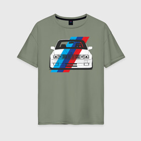 Женская футболка хлопок Oversize с принтом BMW M3 (E30) (M флаг) в Петрозаводске, 100% хлопок | свободный крой, круглый ворот, спущенный рукав, длина до линии бедер
 | bmw | bmw m3 | bmw m3 e30 | e30 | m3 | бмв | бмв м3 | м3