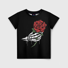 Детская футболка 3D с принтом Рука скелета с розой в Петрозаводске, 100% гипоаллергенный полиэфир | прямой крой, круглый вырез горловины, длина до линии бедер, чуть спущенное плечо, ткань немного тянется | core | hand | hardcore | skeleton | tatoo | роза | романтика | рука | скелет | тату | цветок | черный фон