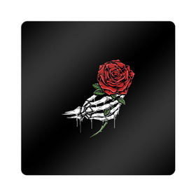 Магнит виниловый Квадрат с принтом Рука скелета с розой в Петрозаводске, полимерный материал с магнитным слоем | размер 9*9 см, закругленные углы | core | hand | hardcore | skeleton | tatoo | роза | романтика | рука | скелет | тату | цветок | черный фон