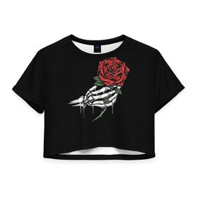 Женская футболка Cropp-top с принтом Рука скелета с розой в Петрозаводске, 100% полиэстер | круглая горловина, длина футболки до линии талии, рукава с отворотами | core | hand | hardcore | skeleton | tatoo | роза | романтика | рука | скелет | тату | цветок | черный фон