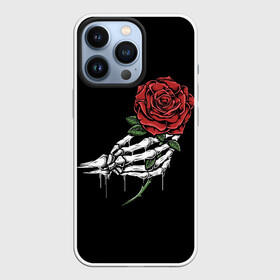 Чехол для iPhone 13 Pro с принтом Рука скелета с розой в Петрозаводске,  |  | Тематика изображения на принте: core | hand | hardcore | skeleton | tatoo | роза | романтика | рука | скелет | тату | цветок | черный фон