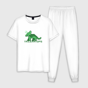 Мужская пижама хлопок с принтом Трицератопс в Петрозаводске, 100% хлопок | брюки и футболка прямого кроя, без карманов, на брюках мягкая резинка на поясе и по низу штанин
 | динозавр | пиксельный динозавр | пиксельный рисунок | трицератопс