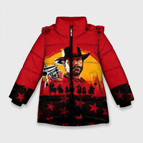 Зимняя куртка для девочек 3D с принтом Red Dead Redemption 2 в Петрозаводске, ткань верха — 100% полиэстер; подклад — 100% полиэстер, утеплитель — 100% полиэстер. | длина ниже бедра, удлиненная спинка, воротник стойка и отстегивающийся капюшон. Есть боковые карманы с листочкой на кнопках, утяжки по низу изделия и внутренний карман на молнии. 

Предусмотрены светоотражающий принт на спинке, радужный светоотражающий элемент на пуллере молнии и на резинке для утяжки. | Тематика изображения на принте: dead | rdr | rdr2 | red | redemption | артур | банда | бандиты | вестерн | дикий запад | ковбои | морган | сша